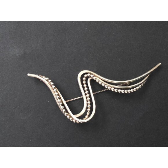 Vintage Sterling Silver Wave Brooch Pin With Beaded Detailing - Picture 1 of 4